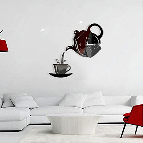 Uteruik Acrylic Mirror Wall Stickers Teapot Teacup Clock Wall Decals Murals for Living Room Bedroom Stair Wall Decor (#B)