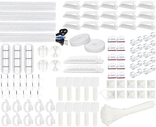 SOULWIT 200PCS Kit de organización de Cables,4 Fundas para Cables,37 Clips,7 Soportes para Cables,10 Soportes para Bridas,20 Clavos para Clips,100 Bridas para Cables,20+2 Rollos de Bridas(Blanco)