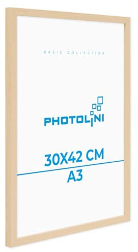 PHOTOLINI Bilderrahmen A3 Holz MDF Natur, A3 Bilderrahmen 30x42 Holz MDF, DIN A 3 Rahmen mit Acrylglas, Picture Frame 42x30 zum Aufhängen, Rahmen 42 x 30 mit Zubehör für DINA3 Fotos & Poster