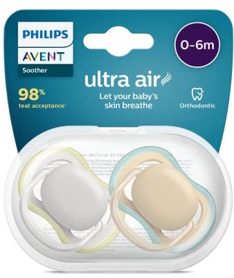 Philips Avent Ultra Air Dummies Pack of 2 - Bisphenol A Dummy for 0-6 Months Children (Model SCF085/15), Silicone, BPA-Free