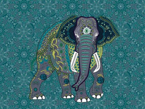 Livingwalls Fototapete Elefant Orientalisch Blau Grau Gelb 382621 The Wall 3,71 m x 2,80 m Wohnzimmer Schlafzimmer Flur Büro
