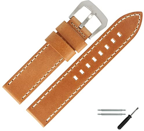 MARBURGER Uhrenarmband 20mm Leder Braun Silber Mit Naht - Montage Set 7812030000120