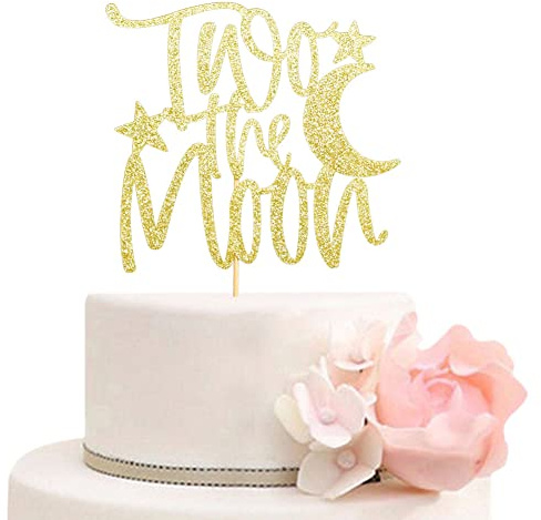 Two The Moon Cake Topper, 2nd Birthday Party Decor, Baby Shower Cake Decorations, Gold Glitter