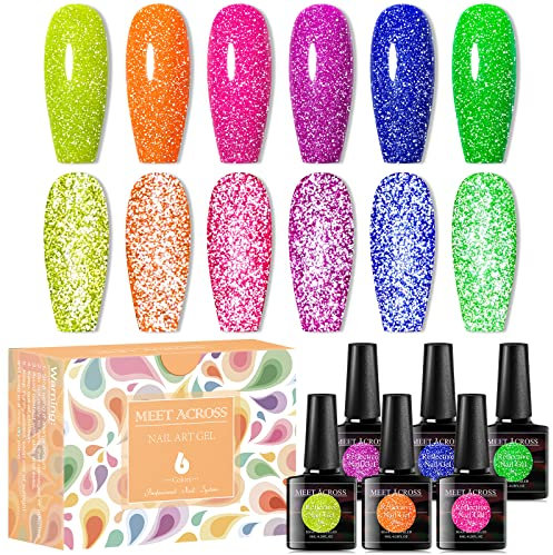MEET ACROSS Gel Nagellack Neon Glitzer Nagellack 6 Stück Soak Off UV Gellack Glitter Gel Nägel Nageldesign Shellack DIY Nail Art Maniküre Salon