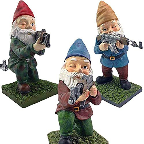 AULOOS Lot de 3 nains de jardin avec pistolets, statues de jardin militaires, décorations de jardin, décoration de bureau, intérieur ou extérieur, pelouse, cour (15,2 cm) (résine, A)