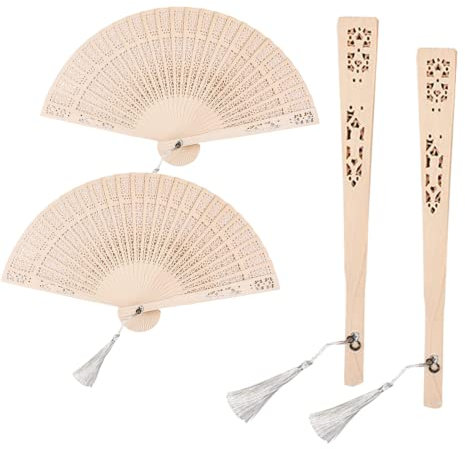Emsiok Ventilador plegable de madera de 4 piezas, ventilador plegable de madera vintage, ventilador de mano de sándalo, ventilador de mano de madera de sándalo chino con borla para mujeres, regalos