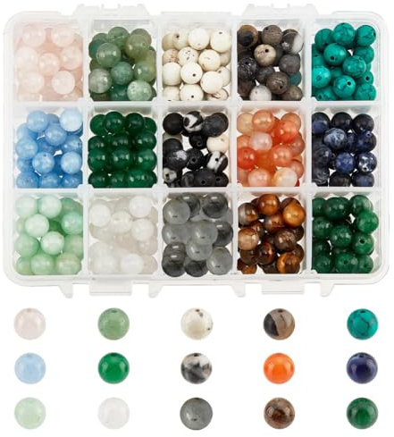 NBEADS 375 Stück 8mm Natürliche Edelsteinperlen, 15 Stile Runde Synthetische Edelsteinperlen Lose Gefärbte Und Ungefärbte Naturstein Spacer perlen Für Ohrringe Arm Halsketten Schmuckherstellung