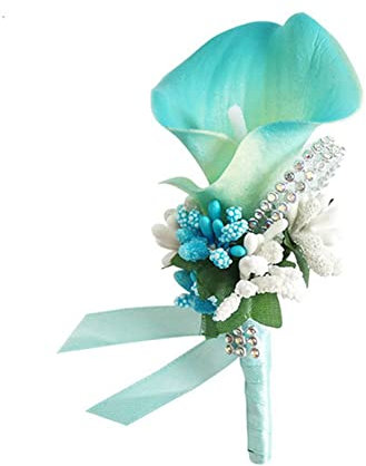 SHTGOI Calla Lily Boutonniere Künstlicher Blumenstrauß Strass Brosche Handgefertigte Ansteckblume mit Sicherheitsnadel Blume Corsagen Hochzeit Zubehör für Braut Bräutigam Himmelblau