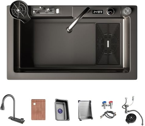 KSYGINXD Fregadero de estación de trabajo en cascada, fregadero de cocina de 29.5 x 18.1 pulgadas, nanómetro de acero inoxidable 304, con soporte para cuchillos, grifo LED, lavabo móvil y accesorios