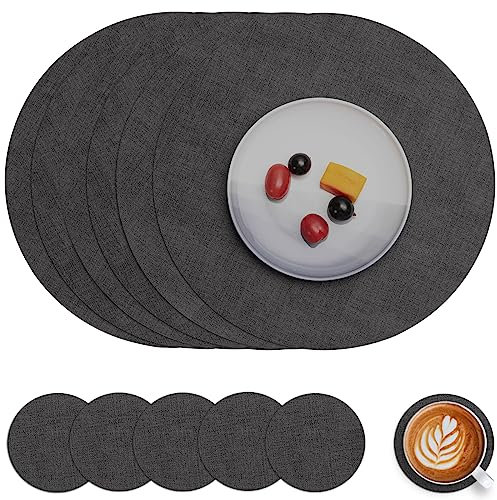 Myir JUN Tischsets Abwaschbar Leder und Untersetzer, Doppelseitigen Platzset Rund Ø 36cm 6er Set rutschfest Glasuntersetzer Platzdeckchen Leder Kunstleder Tischset (Grau, 6er Set)