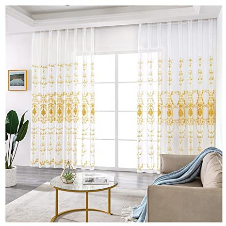 Lieson Lot Rideaux Voilage Chambre Jaune 102x244CM, Voile Rideau Fenêtre Lin à Oeillets Motif Fleurs Broderie Décorations d'intérieur de Fenêtre Rideaux Cuisine Balcon Baie Vitrée