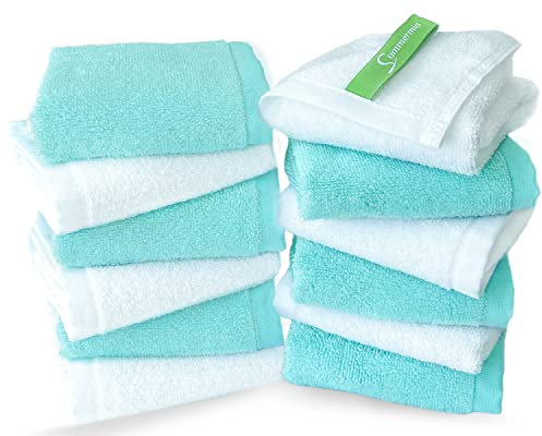 SUMMERMIA Salviette in bambù Confezione da 12 13 x 13 - Salviette morbide per Il Viso Asciugamano, salviette per Il Corpo (Bianco+Verde Acqua)