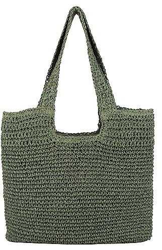 TIAASTAP Stroh Strandtasche für Damen, Summer Stroh Handtasche Schultertasche mit Reißverschluss, Strohtasche Geflochten Korbtasche Basttasche für Strand Reise Einkauf, Dunkelgrün