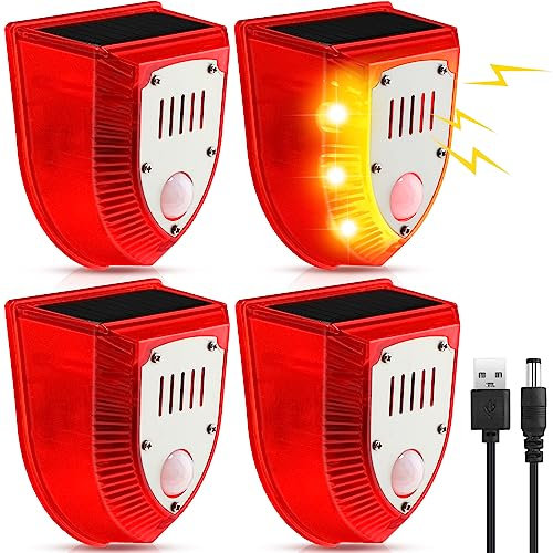 Qualirey 4 Pcs Solar Alarm Motion Detector with Sound Outdoor Motion Sensor 129dB Barking Dog Strobe Light Gunshot Sound Alarm Motion Detector Noise Maker Warning Lamp for Home Villa Yard Farm