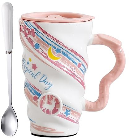 ZPPLD Kaffeetasse, 500 ml Keramik-Kaffeetasse, Steingut-Kaffeetassen, Teetassen, Porzellan-Kaffeetasse, spiralförmige Einhorn-Tasse, Cappuccino-Tassen mit Löffel und Deckel