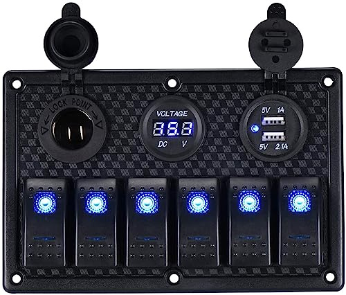 TOHUBE 6 Gang Waterproof Rocker Switch Panel 12V/24V Digital Voltage Display, Dual 5V USB Charger Socket for Car Truck Marine Boat
