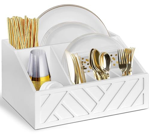 Ukonvi Rustic Minimalist Paper Plate Dispenser, 6-Compartment Wooden Utensil Caddy, White