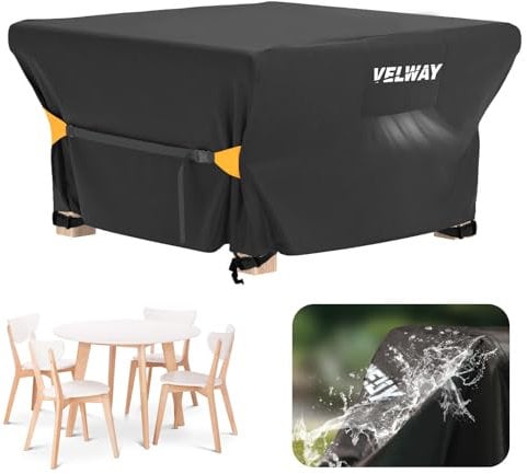 Velway Housse Salon de Jardin Imperméable - Housse Table de Jardin avec Boucles Coupe-Vent Protection pour Tous Les Temps pour Table et Chaise d'extérieur (Noir,125x125x74cm)