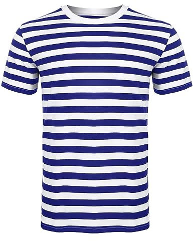 Mens Womens Tshirts Ladies Striped Short Half Sleeves Cotton Top Round Neck Kids Casual Crewneck Summer Wears (Blue/White Large)