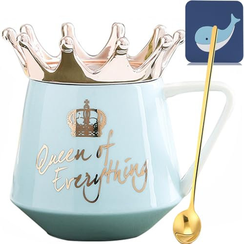 Arawat Queen of Everything Tasse mit Deckel Krone 350 ml Queen Elizabeth Tasse Geschenk Blau Keramik Tasse Geburtstagsgeschenk zum 20 30 40 50 60 70 80 90 Frauen Geschenk für Freundin Mädchen Mama