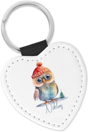 timalo® Schlüsselanhänger personalisiert mit Namen Herz Schlüsselband aus Kunstleder Geschenk Weihnachten Nikolaus Jungen Mädchen | Eule
