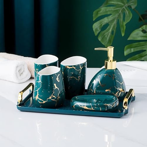 XYQXYQ Grünes Badezimmer-Zubehör-Set, goldfarbene Marmoroptik, modernes 6-teiliges Badezimmer-Zubehör-Set, komplett mit Seifenspender, Zahnbürstenhalter, Becher, Tablett, Arbeitsplatte