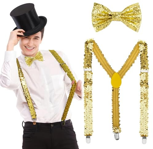 BOFUNX Silvester Kostüm Accessories, Pailletten Hosenträger und Fliege glitzer Silvester Outfit für Karneval Mottoparty JGA Herren Damen Kostüm Zubehör (Gold)