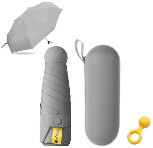 KunpengZen Mini Regenschirm mit Etui,8 Rippen Faltbarer Reise Taschenschirm,Windfest UV Schutz Ultraleicht Regenschirm Klein für Sonne Regen Herren und Damen Reise -Grau