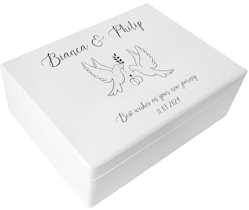 Creative Deco Weiße Hochzeitsgeschenke Personalisiert für Brautpaar - Tauben Taubenpaar | Geschenk zur Hochzeit | Erinnerungsbox Geschenkkiste | Holzkiste | Hochzeitsgeschenk Personalisierte