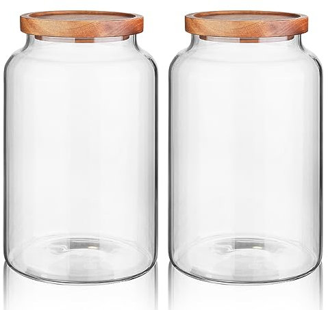 Labina Lot de 2 bocaux de conservation en verre avec couvercle en bois - Avec couvercle - Pour sucre, biscuits, spaghetti, noix et bonbons - 2 600 ml