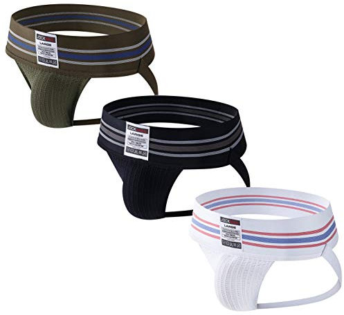 3PCS/PACK Mens Jock Strap Briefs Mens Athletic Jockstrap Sport Underwear Briefs Athletic Supporter (UK, Alpha, XXL, Regular, Regular, Black+White+Amy Green)