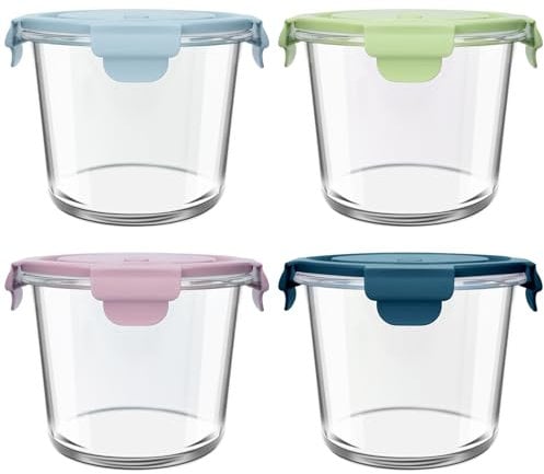 UHAPEER Conservation en Verre 710ml, 4 Pots de Conservation en Verre, Hermétiques et étanches en verre, Récipients alimentaires ronds en verre et bols de préparation des repas