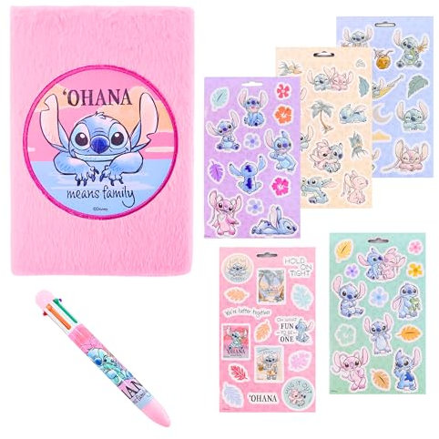 Disney Stitch Juego de Papelería, Incluye Libreta Cuaderno Pegatinas y Boligrafo de 6 Colores, Regalo Set de Papeleria para Niñas