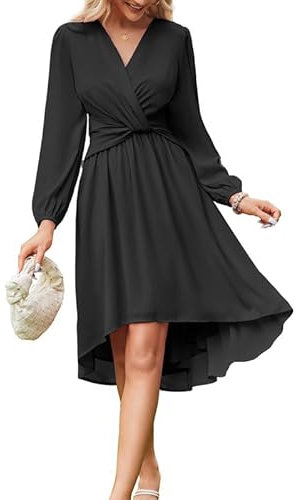 JASAMBAC Chiffon Dresses for Women UK - Semi Formal Long Sleeves Elegant Wrap A-Line Midi Dress - Flowing Casual to Evening Black
