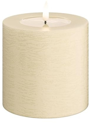 ReWu Deluxe Homeart Unique LED Kerze, Indoor LED-Stumpenkerze mit realistischer Flamme auf einem Echtwachsspiegel - Handmade Echtwachs - Creme 10 x 10 cm