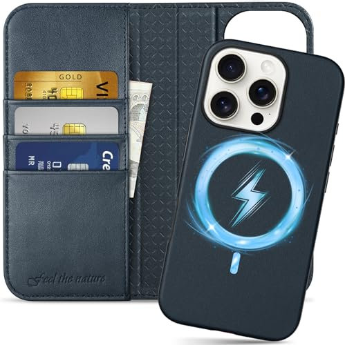 SHIELDON Hülle für iPhone 16 Pro, Abnehmbare Handyhülle [Echtleder] [kabelloses Laden] [RFID Blocker] [Kartenfach] [Magnet] 2 IN 1 Klapphülle Kompatibel mit iPhone 16 Pro 6,3 - Marineblau