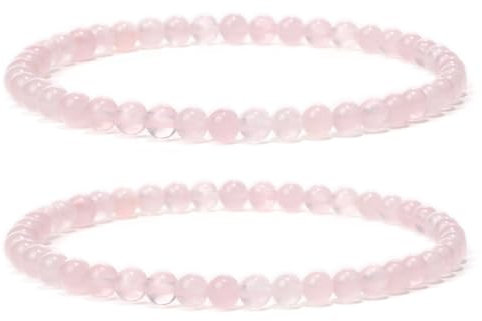 Landorilo 2 Stück Naturstein Runde Perlen Stretch Armband (4mm) für Damen Herren, Yoga Heilstein Armbänder, Freundschaftsarmband, Paar-Armband, Ersatzperlen Inklusive(2R Rosenquarz)