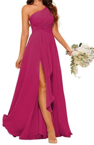 Vestido de dama de honor de princesa con un hombro, plisado, de gasa, formal, vestido de fiesta de noche con abertura, fucsia, 40
