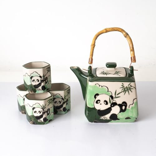 Juego de té de porcelana con colador de forma cuadrada con mango de madera y 4 tazas de té hexagonales, pintadas a mano, diseño de panda juguetón, estilo japonés