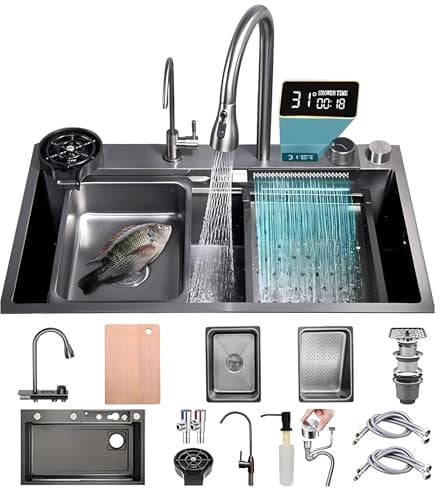 KOOGIMDDR Fregadero de cocina para el lugar de trabajo, 85 x 50 cm, con grifo de cascada, juego individual de acero inoxidable, color negro y gris, para uso doméstico, limpiador a presión, tabla de