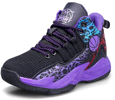 Kids Basketball Shoes High Quality Durable Lace Up Non Slip Safe for Little Big Kid, Black Purple, 21.5 cm