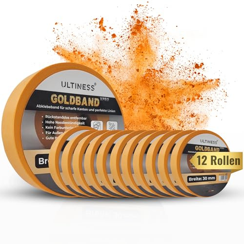 Ultiness Goldband XPRO, Malerkrepp 30 mm breit, 50 m lang, 12 | wasserbeständig, rückstandsfrei, ideal für Maler, Heimwerker und kreative Bastler, flexibles Abdeckband für präzise Kanten