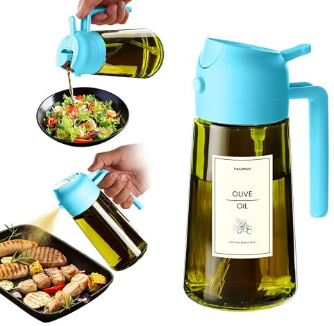 TrendPlain Pulverizador Aceite Spray 470ml - 2 en 1 Spray Aceite Cocina y Dispensadora con Etiquetas y Protección contra la Luz para Freidora de Aire, Ensaladas y Vinagre - Azul Cielo