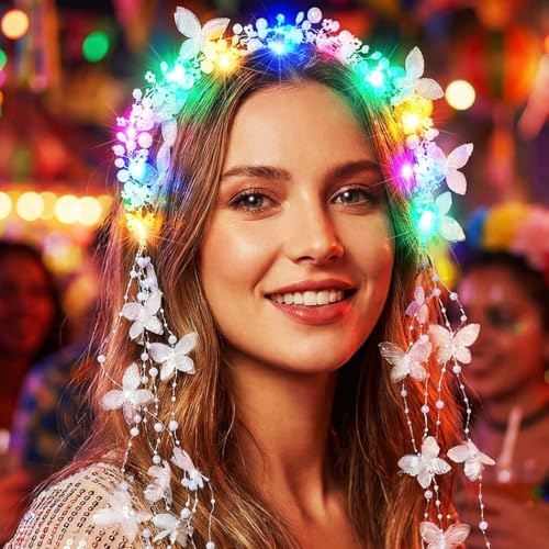 Reaky Leuchtender Blumenstirnband, LED-Perlen-Kopfschmuck, blinkendes Blumen-Stirnband, Karneval, Haarschmuck für Damen