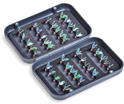 Fliegenfischen-Fliegensortiment – ​​Realistisches Angelfliegen-Set | 40-teilige Fliegenköder mit Fliegenbox, scharfe Haken für Forellen-, Lachs- und Barschangeln, langlebiges Zubehör zum Fliegenfische