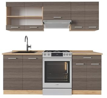 Vicco Küchenzeile R-Line, Küchenblock, Edelgrau/Goldkraft Eiche, 200 cm, AP Eiche