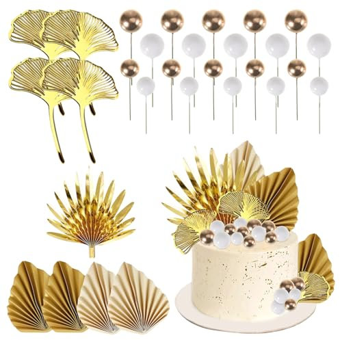 Gold Palm & Ginkgo Leaf & White Ball Cake Topper Decorations for Weddings, Birthdays, Baby Showers, Christmas