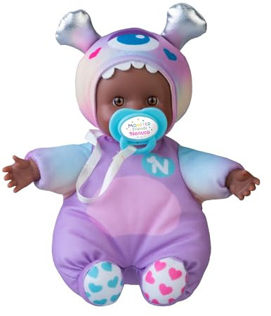 Nenuco Monster Friends Purple, Mini Baby Monster Puppen von 15 cm, Weicher Körper und Kleid mit einem Pastelllila Design, Personalisiertes Schnuller, Sammle die Modelle, Famosa (NFNB1400)