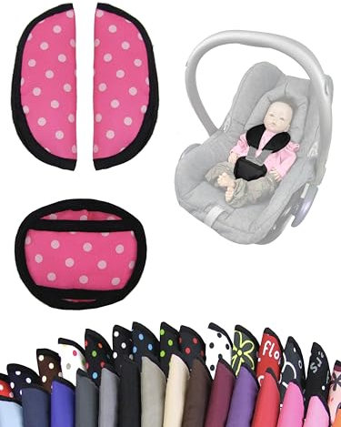 Gurtpolster [Polster-Set für Babyschalen] Autositze Kinderwagen universal Schulterpolster Set 3 Pads Gurtbezüge (Punkte pink rosa)