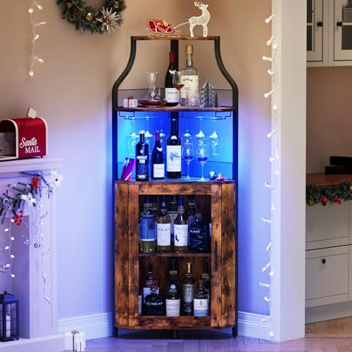 dainslef Eck-Weinbarregal Schrank mit LED-Lichtern, Barschrank mit Glashalter, kleines Sideboard und Buffetschrank mit Netztür (Retro Braun)